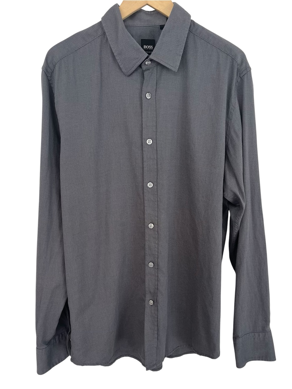 Hugo Boss Regular Fit Dress Shirt Large Gray Chevron Herringbone Cotton
